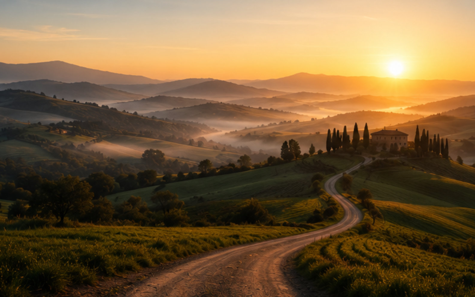 Colline illuminate dal sole, con una strada che sale tra i campi
