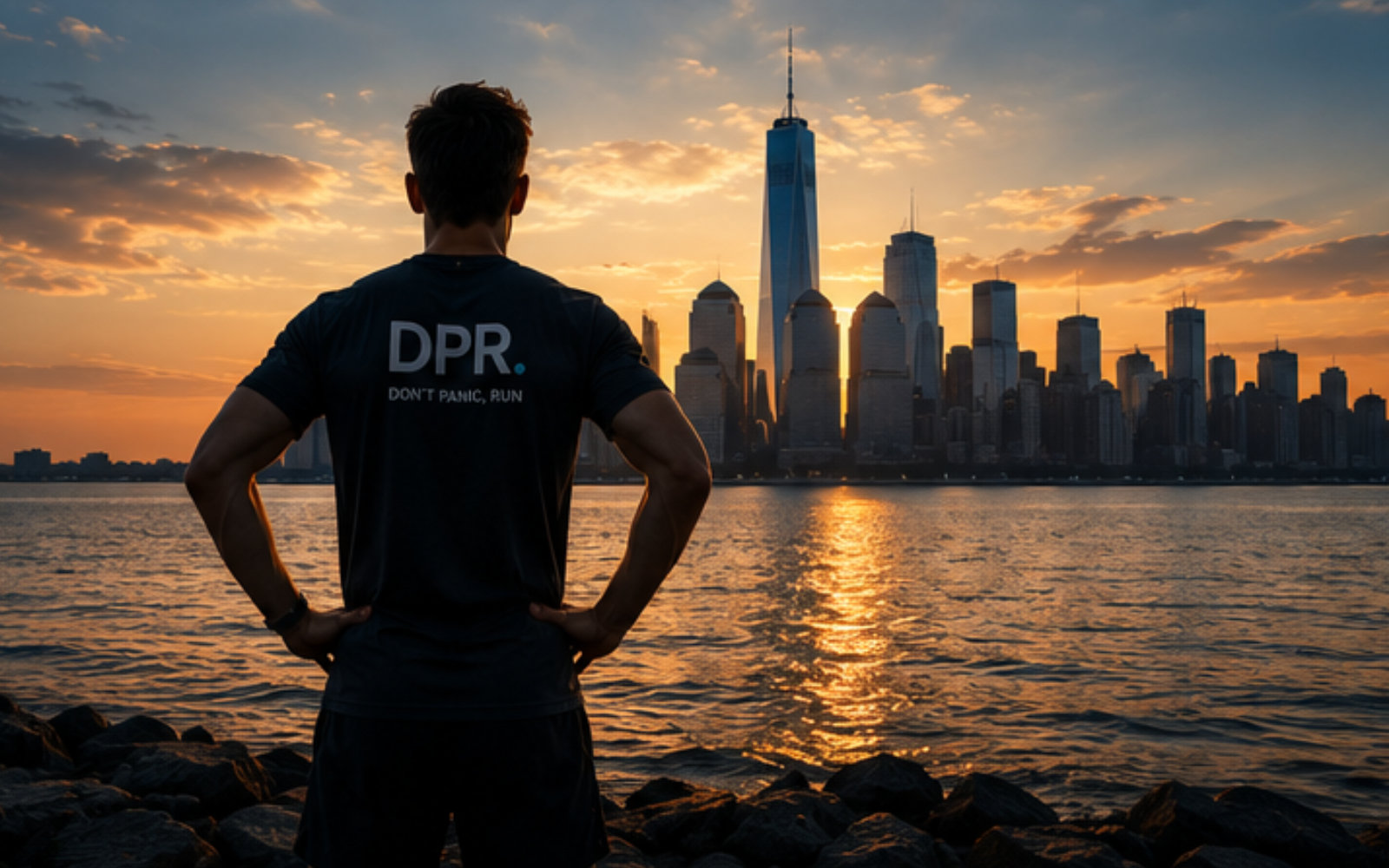 Un runner con la maglia DPR davanti allo skyline di New York al tramonto